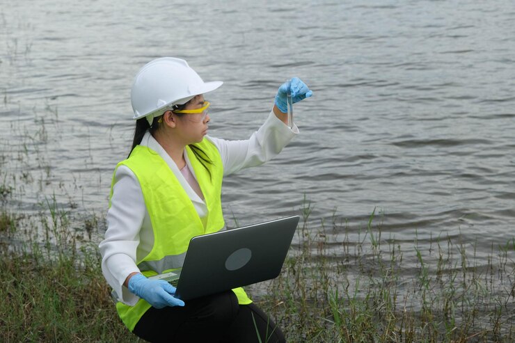 Rear view woman using laptop while sitting on the lake