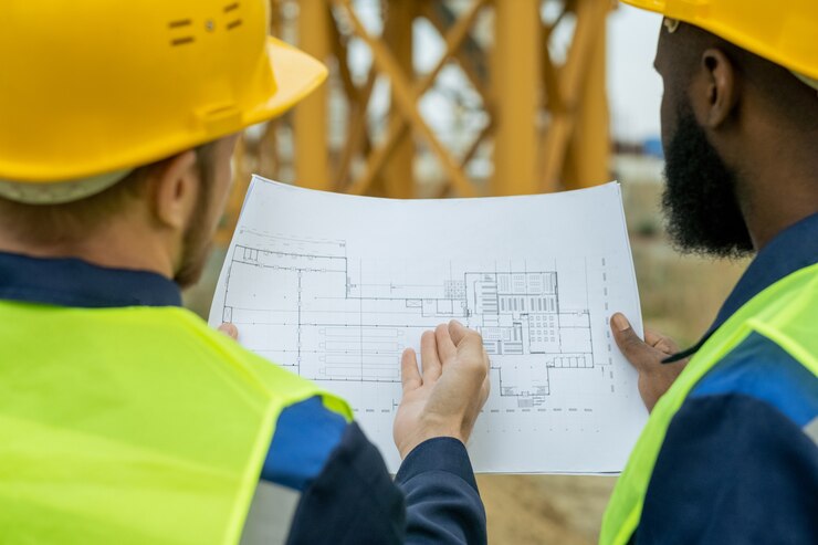 Two intercultural male builders discussing sketch