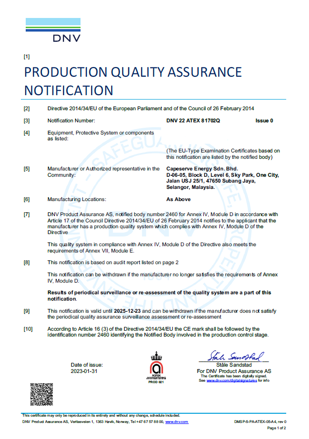 ATEX - Production Quality Assurance Notification