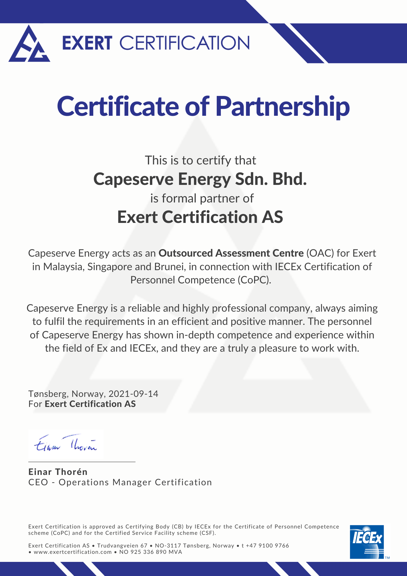 Partnership with Exert Certification Norway Certified